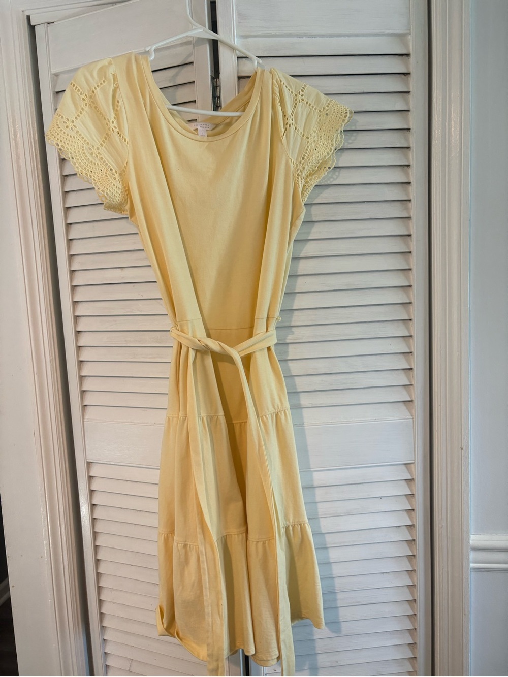 LC Lauren Conrad Pale Yellow Lace-Sleeve Midi Dress with Tie Waist